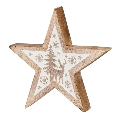 Abbildung von levandeo Deko Stern Holz 20cm Natur Weiß Mango Winter Tischdeko Mangoholz Holzdeko Aufsteller Unikat Holzstern Weihnachten