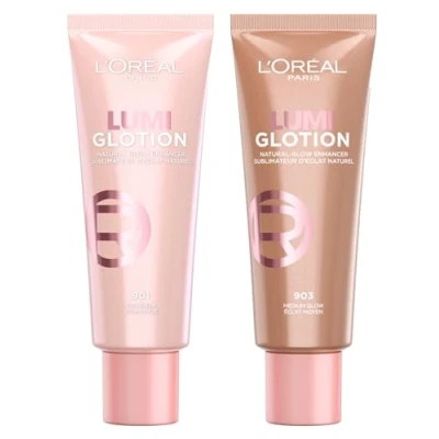 Abbildung von L&#039;Oréal Paris Lumi Glotion Aufhellende Flüssigkeit, belebt und formt Beauty Routine spendet Feuchtigkeit für Gesicht Körper, Farbton 901 Fair Glow + 903 Medium 2 Flaschen à 40 ml