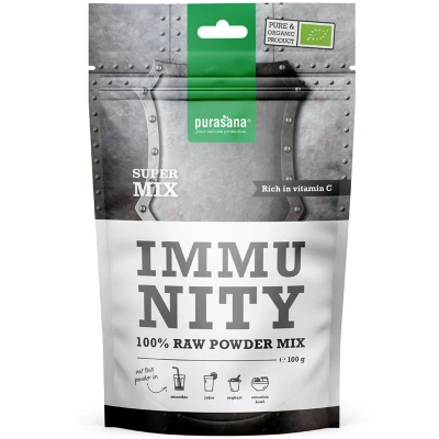 Abbildung von Bio Immunity Mix unterstützt das Immunsystem. Mischung natürlicher Superfoods, reich an Ballaststoffen und Vitamin C