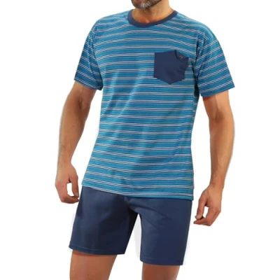 Abbildung von sesto senso Herren Schlafanzug Kurz Gestreift Pyjama Baumwolle Kurzarm T Shirt Pyjamahose Zweiteilig Set Navy blau 3XL 05 K67ZC