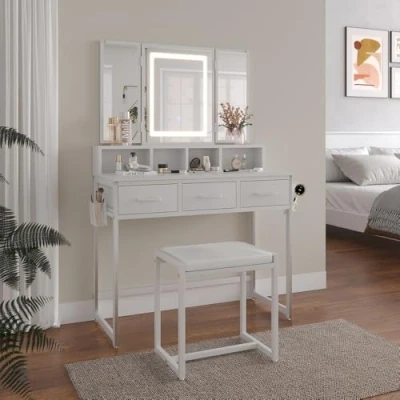 Abbildung von Vicco Schminktisch Mavida, Weiß, 90 cm mit LED Spiegel und Hocker