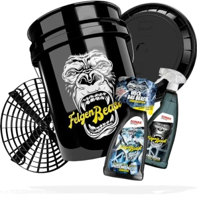Abbildung von SONAX Auto Felgenreinigung Bundle Reinigungsset Wascheimer Felgenbeast mit Deckel + Grit Guard Eimereinsatz Felgenreiniger Winter Sonderedition 1 Liter