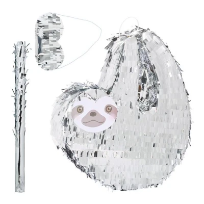 Abbildung von Relaxdays Pinata Set, 3tlg., Faultier Form, zum Aufhängen, Kinder, Mädchen &amp; Jungs, mit Stab Maske, unbefüllt, silber