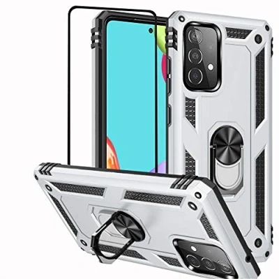 Abbildung von Folmeikat Hülle für Samsung Galaxy A52 5G, A52S 5G,A52 4G, Displayschutzfolie, 360 Grad drehbarer Metallring, Stoßdämpfung, verstärkte Ecken,TPU 5G/A52S 5G/A52 4G Silber