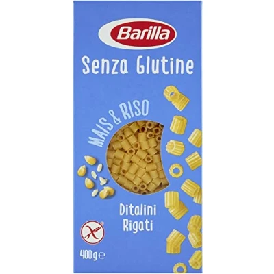 Abbildung von 5x Barilla Ditalini Rigati 400g senza Glutine Glutenfrei Pasta nudeln, aus weißem Mais, gelbem Mais und braunem Reis + Italian Gourmet polpa