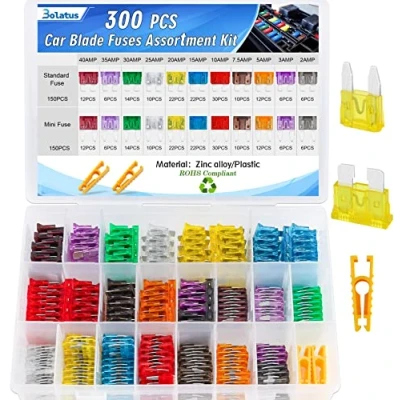 Abbildung von Bolatus KFZ Sicherungen, 300 Stk Auto Sicherungen Standard und Mini Autosicherungen Set Gemischt Flachsicherungen Autosicherung 2A 3A 5A 7.5A 10A 15A 20A 25A 30A 35A 40A mit 2 Sicherungszieher