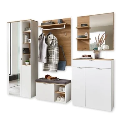Abbildung von BARI Flurgarderoben Set in Weiß, Artisan Eiche Optik FSC zertifiziert Modernes Garderobenset 5 teilig für Ihren Eingangsbereich 264 x 202 38 cm (B/H/T)