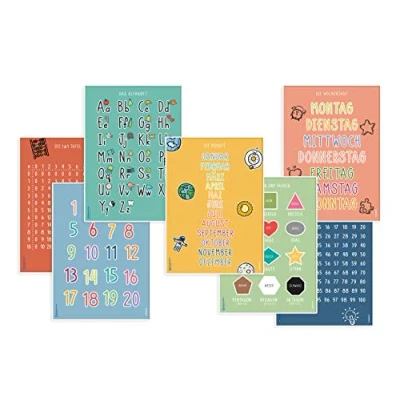 Abbildung von 7 Stück pädagogische Lernplakate Lernposter für Kinder Grundschule Schule Deko Kleinkinder Poster Vorschule Lesen Schreiben ABC Alphabet Buchstaben Zahlen Lernen Montessori DINA4 DEUTSCH