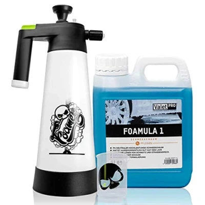 Abbildung von Nuke Guys Snow Foam Set: Foamer 2L Schaumsprüher + ValetPRO Foamula1, 1L Messbecher 150ml skaliert mit skull