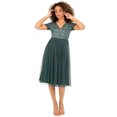 Abbildung von Maya Deluxe Damen Midi Kleid mit V Ausschnitt, Verziert Brautjungfernkleid, Emerald Green, 52(24 UK)