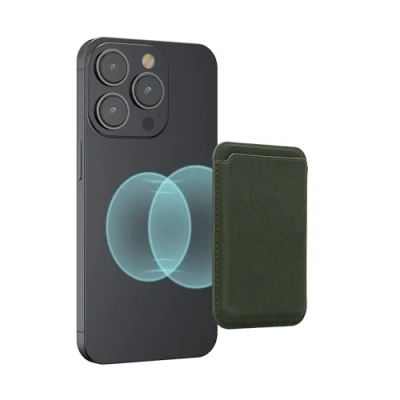 Abbildung von kwmobile Wallet Kartenhalter kompatibel mit Apple iPhone 16/15 / 14/13 12 Serie Magnetische Karten Hülle MagSafe Halter Stoffbezug Tannengrün
