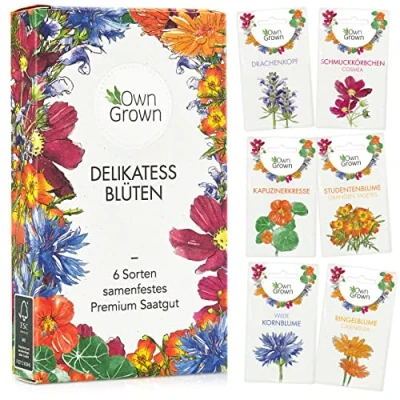 Abbildung von Essbare Blumen Samen Set : Delikatess Blüten Blumensamen mit 6 Sorten Saatgut für Torte Tortendeko Essbar von OwnGrown