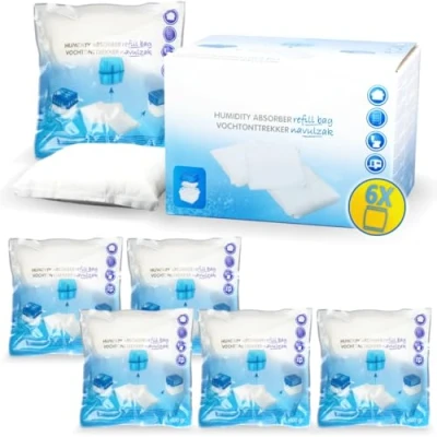 Abbildung von 6x Luftentfeuchter Nachfüllpack 400g Raumentfeuchter universelle Feuchtigkeits Stopper Granulat Beutel (6x 400g)