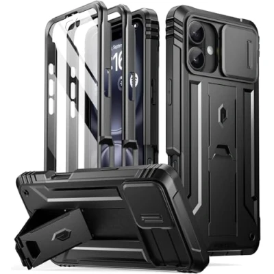 Abbildung von POETIC Revolution Hülle für iPhone 16 Plus 6,7 Zoll, [Schiebe Kamera Abdeckung], Ganzkörper in Militärqualität, robust, stoßfest, mit Ständer und integriertem Displayschutz, Schwarz