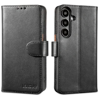 Abbildung von LENSUN Echtleder Hülle für Samsung Galaxy S24, Handyhülle [Echtes Leder] [Kartenfach] [RFID Schutz] Lederhülle Flip Handytasche S24 5G Schwarz