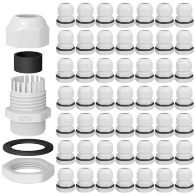 Abbildung von hb digital 50х Kabelverschraubung M25 für 11 15mm Kabeldurchmesser IP68 staub &amp; wasserdicht mit Gummidichtung Gegenmutter Klemmlamellen Stopfbuchse Isolation Kabeleinführung Weiss