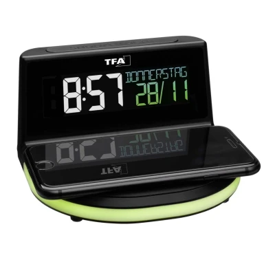 Abbildung von TFA Dostmann Charge IT Wireless Digitalwecker, 60.2028.01, mit kabelloser Ladestation (Qi) für Smartphones, Datum und Raumtemperatur, Farbdisplay, Weckalarm Snooze Funktion, schwarz