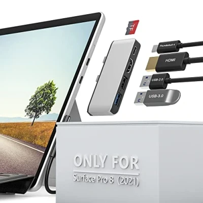 Abbildung von Surface Pro 8 USB C Hub Adapter mit 4K HDMI, Thunderbolt 4 (Display+PD Aufladung+Daten), 3.0, 2.0, TF Kartensteckplatz, Dual Monitor Dockingstation (HDMI+USB C) für