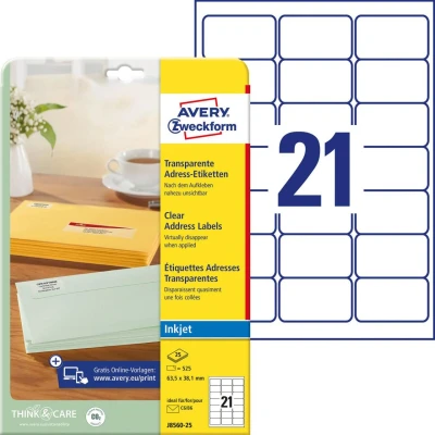 Abbildung von AVERY Zweckform J8560 25 Adressetiketten/Adressaufkleber (525 Etiketten, 63,5x38,1mm auf A4, bedruckbar, selbstklebend, für DIN B6/C6 Briefkuverts, Polyesterfolie, Inkjet Drucker)25 Blatt, transparent