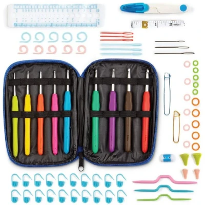 Abbildung von WINTEX 78 teiliges Häkelnadel Set, Häkelnadeln ergonomische Griffe in verschiedenen Größen, Zubehör, Kit mit Tasche für alle Wollarten, Sticknadeln