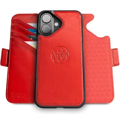 Abbildung von Dreem Fibonacci kompatibel mit iPhone 16 Plus Brieftaschen Etui / 2 in 1 stoßfestes und abnehmbares Folio aus veganem Leder, MagSafe, RFID Schutz [Rot]