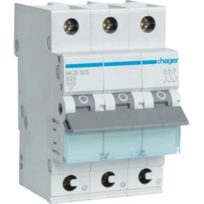 Abbildung von Hager MCS325 circuit breaker 3pole 6kA C 25A 3M QC