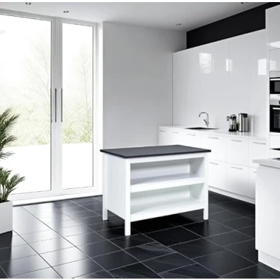 Abbildung von Inter Link Kücheninsel Mittelinsel Arbeitsplatte Küchenschrank mit Regalen Melaminbeschichtet Länge 124cm Höhe 82 cm Tiefe 75 Belisa Weiß/Fresco Anthrazit