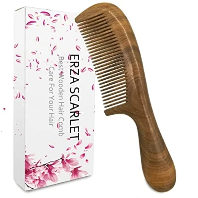 Abbildung von ERZA SCARLET Handgefertigter Kamm Grünes Sandelholz antistatischer handgemachter Kamm, Holz Locken Kamm(20cm,Feiner Zahn)