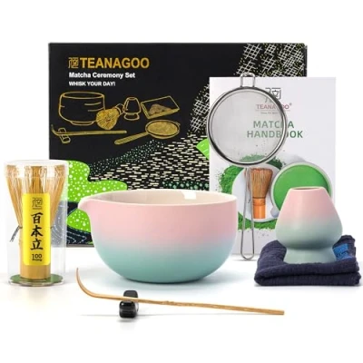 Abbildung von TEANAGOO Matcha Set Besen Tea Schale SetMatcha mit Ausgießer Bambus 7 Stück zubehör für Liebhaber,N11, Grüner Farbverlauf Rosa