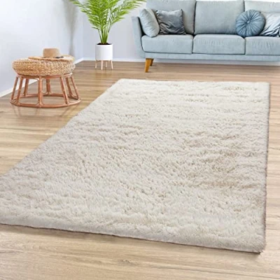 Abbildung von TT Home Teppich Wohnzimmer Hochflor Langflor Weich Soft Modernes Einfarbiges Design, Farbe: Hellbeige Creme, Größe:140x200 cm