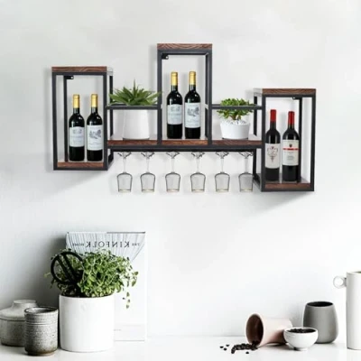 Abbildung von 106cm Metall Weinflaschenhalter Flaschenregal Weinflaschenregal Wandmontage Wand Weinregal Glashalter Vintage Bar Holz Regal Weinhalter Weinglashalter Aus Esszimmer Wandmontiert Aufbewahrung Display