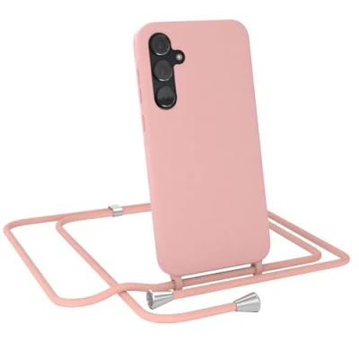 Abbildung von EAZY CASE Hülle mit Band kompatibel Samsung Galaxy A35 Handyhülle für Silikon Mikrofaser stoßfester Fallschutz Kette zum Umhängen Handykordel in Alt Rosa Clips Silber