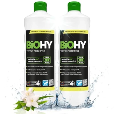 Abbildung von BiOHY Teppichshampoo (2 x 1 liter) Teppichreiniger Konzentrat ideal gegen hartnäckige Flecken materialschonend &amp; tierfreundlich effektives Bio Mittel kraftvoller Teppich Schaum
