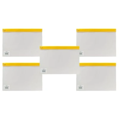 Abbildung von Snopake A4 Plus Zippa Bag &#039;S&#039; Classic mit Beschriftungsetikett [5 Stück] 370 x 260 mm Reißverschlussleiste transparent/gelb [Ref: 12806]