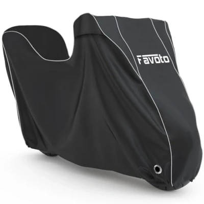 Abbildung von Favoto Motorradabdeckung Wasserdicht Motorrad Abdeckpane Outdoor 300D Oxford für Motorräder Elektroroller mit Topcase Trunk Koffer Reflektionsstreifen Schloss Loch 220cmx105cmx130cm