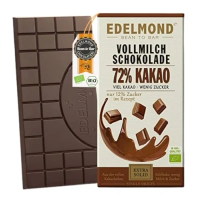 Abbildung von Edelmond 72% Kakaobohnen Vollmilch Schokolade Bio, wenig Zucker. Single Plantation. Bitter + Fair Trade als bestes Geschenk. (1 Tafel)
