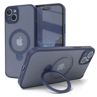 Abbildung von EAZY CASE MagSafe Handyhülle für iPhone 15 Plus kompatibel mit Hülle Ständer 360 Ring &amp; Magnetfunktion zum Aufstellen stoßfest Cover Nacht Blau