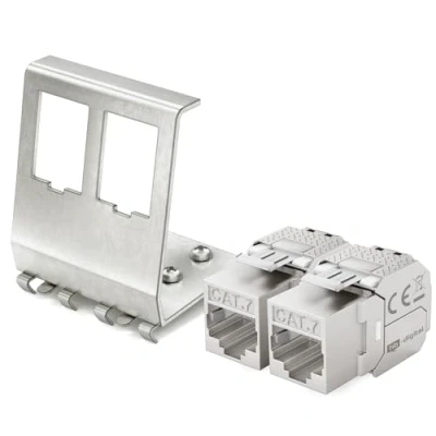 Abbildung von hb digital 2X CAT 7 Keystone Modul RJ45 Buchse STP 10 Gbit/s werkzeuglos LSA mit 1x 2 Port 35mm DIN Rail Metall Hutschienenadapter Halterung Ethernet LAN Netzwerk Switch