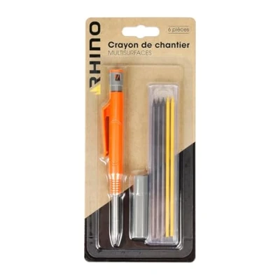 Abbildung von Rhino Baubleistift Tischlerbleistift Profi Bleistift 6 Stück mit Ersatzminen Multisurface für Holz und trockene Oberflächen 5 Minen lange feine Spitze