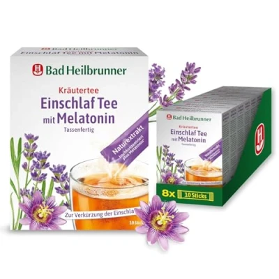 Abbildung von Bad Heilbrunner Einschlaf Tee mit Melatonin im Stick, Tassenfertig Melatonin, Lavendelblüten &amp; Passionsblume Endlich gut einschlafen Ideal bei Reisen gute Nacht (8 x 10 Sticks)