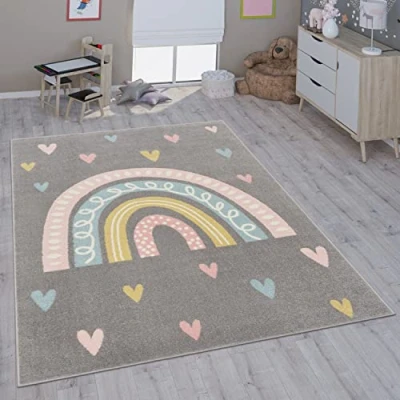 Abbildung von Paco Home Kinderteppich &quot;Nino 887&quot;, rechteckig, Kurzflor, Spielteppich, Motiv Regenbogen &amp; Herzen, Kinderzimmer