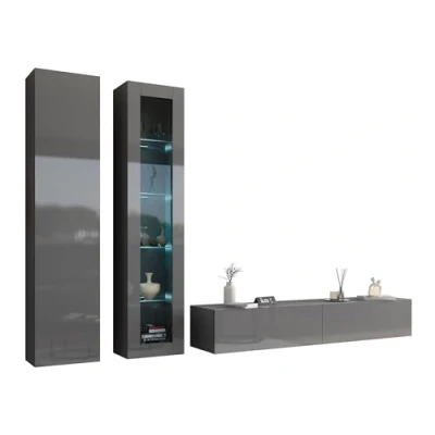 Abbildung von Wohnwand VIGO III Anbauwand Modernes Wohnzimmer Set, Mediawand, Glasvitrine, Hängeschrank TV Schrank (mit weißer LED Beleuchtung, Grau/Grau Hochglanz)