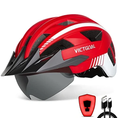 Abbildung von VICTGOAL Fahrradhelm Herren Damen MTB Helm mit Abnehmbarer Magnetische Schutzbrille Visier Atmungsaktiv 21 Belüftungskanäle Radhelm Einstellbare Fahrradhelme (L: 57 61cm, Rot)