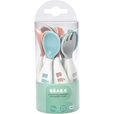 Abbildung von BEABA Ergonomisches Erstlingsbesteck 6 Löffel &amp; 4 Gabeln Kurzer, abgerundeter Griff Babyfreundlich, Für Rechts und Linkshänder geeignet Grau/Blau/Rosa