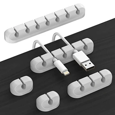Abbildung von Kabelhalter Kabelclips, 5 Stück Kabelmanagement Organizer, Klebehaken für Schreibtisch, Netzkabel, USB Ladekabel, Ladegeräte, Audiokabel, Büro und Privatanwender (grau, 1 3 7 Steckplätzen)
