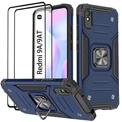 Abbildung von KANSi Hülle kompatibel für Xiaomi Redmi 9A / 9AT, Schutzfolie [2 Stück] Silikon TPU Hart PC Handy Hüllen 360 Grad Drehbar Ringhalter Bumper Stoßdämpfung Schutzhülle Blau
