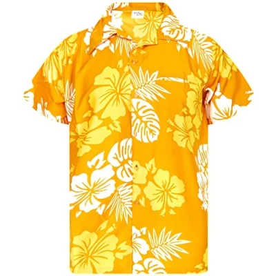 Abbildung von King Kameha Funky Hawaii Hemd, Herren, Kurzarm, Mono Hibiscus, Gelb Weiß, XL