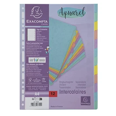 Abbildung von Exacompta 7712E Aquarel Trennblätter für DIN A4 aus glänzendem Karton 400 g/m² 12 teiliges Register Indexseite beschriftbar vollfarbige Seiten 2 x 6 Farben