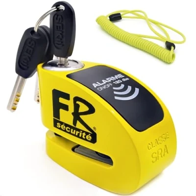 Abbildung von FR SECURITE FR410Y Bremsscheibenschloss mit Alarm 120dB Optionale Aktivierung, Hohe Sicherheit SRA Zulassung, Edelstahl Doppelverriegelung ø10mm, Motorradschloss Diebstahlschutz Motorrad, Roller