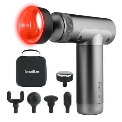 Abbildung von TERRAILLON Muscle Massager Massagepistole, 3 Geschwindigkeitsstufen, 1800 3200 U/min, lindert und entspannt die Muskeln, 5 Silikonaufsätze, davon 1 x 2 stufiger Heizung, USB C, inklusive Etui